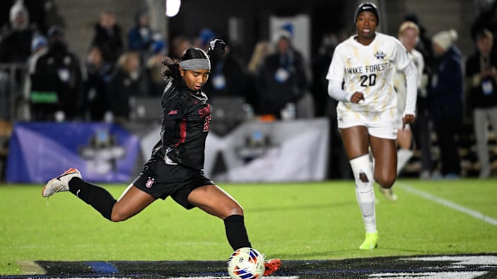 Dec 6, 2024; Cary, NC, USA; Stanford defender Nya Harrison (23) clears the ball in the second half at WakeMed Soccer Park. Mandatory Credit: Bob Donnan-Imagn Images Dec 6, 2024; Cary, NC, USA; Stanford defender Nya Harrison (23) clears the ball in the second half at WakeMed Soccer Park. Mandatory Credit: Bob Donnan-Imagn Images