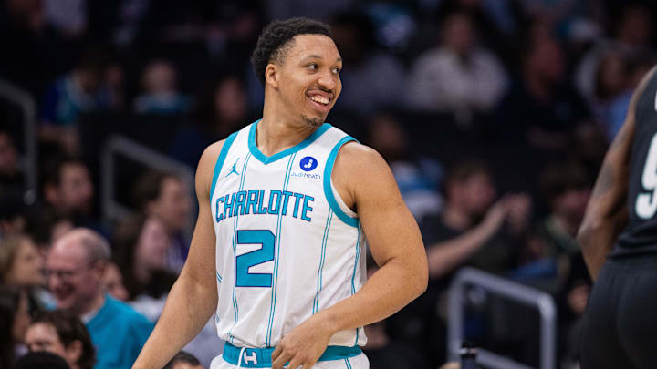 Feb 28, 2026; Charlotte, North Carolina, USA; Charlotte Hornets forward Grant Williams (2) reacts during the first quarter against the Portland Trail Blazers in the first half at Spectrum Center. Mandatory Credit: Scott Kinser-Imagn Images