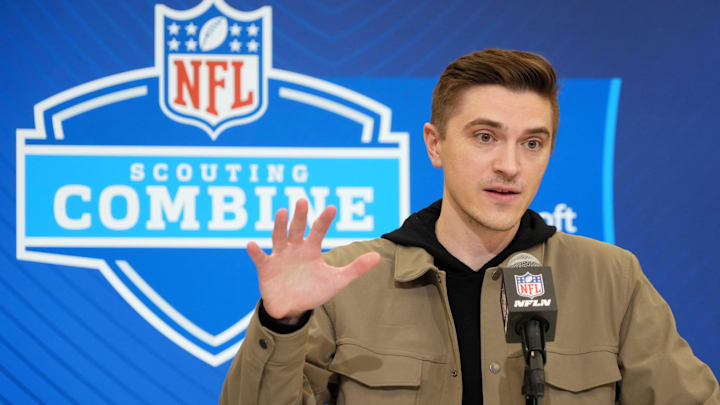 Feb 25, 2025; Indianapolis, IN, USA; Jacksonville Jaguars general manger James Gladstone speaks during the NFL Scouting Combine at the Indiana Convention Center. Mandatory Credit: Kirby Lee-Imagn Images
