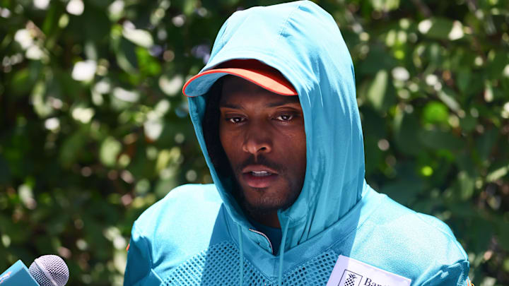 Jun 5, 2024; Miami Gardens, FL, USA; Miami Dolphins cornerback Jalen Ramsey (5) speaks to reporters during mandatory minicamp at Baptist Health Training Complex. Mandatory Credit: Sam Navarro-Imagn Images