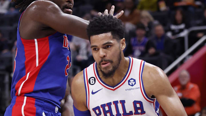 Jan 8, 2023; Detroit, Michigan, USA;  Philadelphia 76ers forward Tobias Harris (12) dribbles