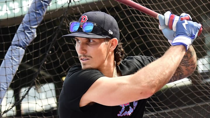 Jul 26, 2025; Boston, Massachusetts, USA; Boston Red Sox left fielder Jarren Duran (16) takes batting practice prior to a game against the Los Angeles Dodgers at Fenway Park. Mandatory Credit: Bob DeChiara-Imagn Images