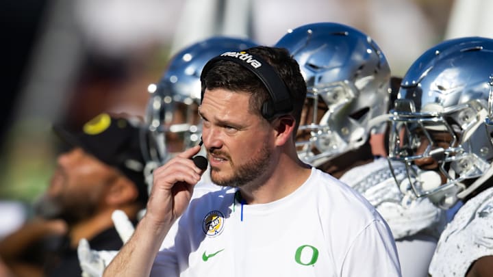 Nov 18, 2023; Tempe, Arizona, USA; Oregon Ducks head coach Dan Lanning against the Arizona State Sun Devils at Mountain America Stadium. Mandatory Credit: Mark J. Rebilas-Imagn Images