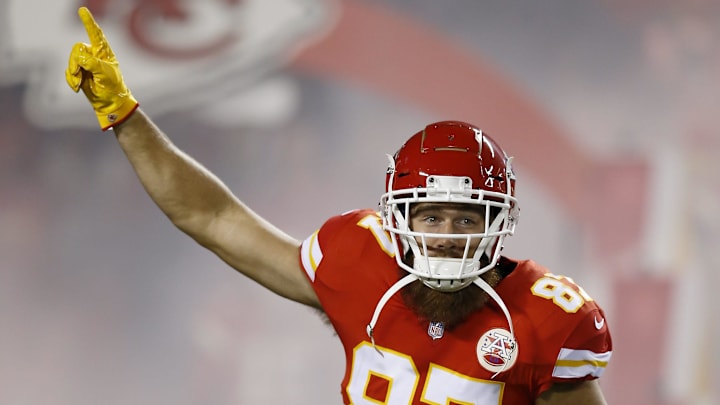 Kansas City Chiefs tight end Travis Kelce (87) runs on the field as he's introduced in the first quarter of the game between the Kansas City Chiefs and the Cincinnati Bengals at Arrowhead Stadium in Kansas City on Oct. 16, 2018. Kansas City Chiefs tight end Travis Kelce (87) runs on the field as he's introduced in the first quarter of the game between the Kansas City Chiefs and the Cincinnati Bengals at Arrowhead Stadium in Kansas City on Oct. 16, 2018.