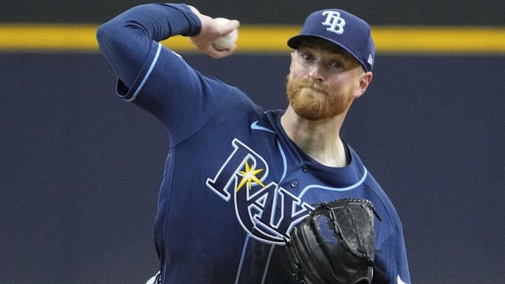 Apr 1, 2026; Milwaukee, Wisconsin, USA; Tampa Bay Rays pitcher Drew Rasmussen (57) delivers a pitch against the Milwaukee Brewers in the first inning at American Family Field.