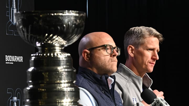 Jun 3, 2025; Edmonton, Alberta, CAN; Edmonton Oilers general manager Stan Bowman along with Oilers head coach Kris Knoblauch are seen during media day in advance of the 2025 Stanley Cup Final at Rogers Place. Mandatory Credit: Walter Tychnowicz-Imagn Images Jun 3, 2025; Edmonton, Alberta, CAN; Edmonton Oilers general manager Stan Bowman along with Oilers head coach Kris Knoblauch are seen during media day in advance of the 2025 Stanley Cup Final at Rogers Place. Mandatory Credit: Walter Tychnowicz-Imagn Images