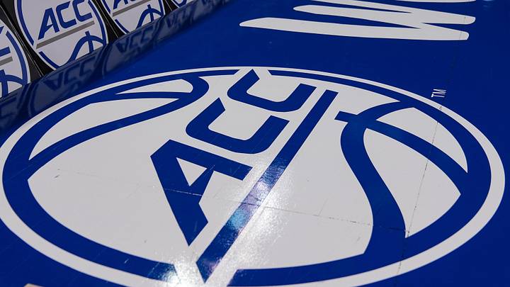 Mar 8, 2024; Greensboro, NC, USA; General view of the ACC logo before the game between Notre Dame vs Louisville at Greensboro Coliseum. Mandatory Credit: David Yeazell-Imagn Images