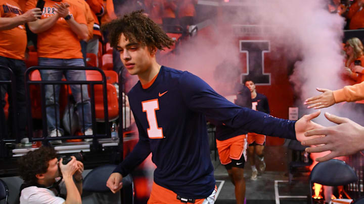 Feb 4, 2026; Champaign, Illinois, USA; Illinois Fighting Illini guard Keaton Wagler (23) takes the court before tip-off against the Northwestern Wildcats at State Farm Center. Mandatory Credit: Ron Johnson-Imagn Images Feb 4, 2026; Champaign, Illinois, USA; Illinois Fighting Illini guard Keaton Wagler (23) takes the court before tip-off against the Northwestern Wildcats at State Farm Center. Mandatory Credit: Ron Johnson-Imagn Images