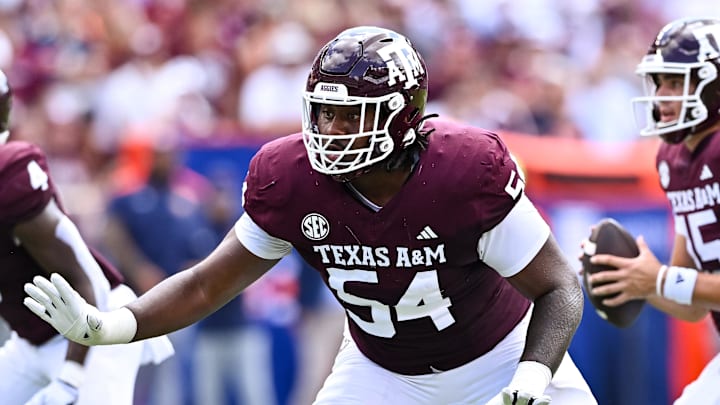 Sep 23, 2023; College Station, Texas, USA; Texas A&M Aggies offensive lineman Mark Nabou Jr. (54) in action during the first half against the Auburn Tigers at Kyle Field. Mandatory Credit: Maria Lysaker-USA TODAY Sports