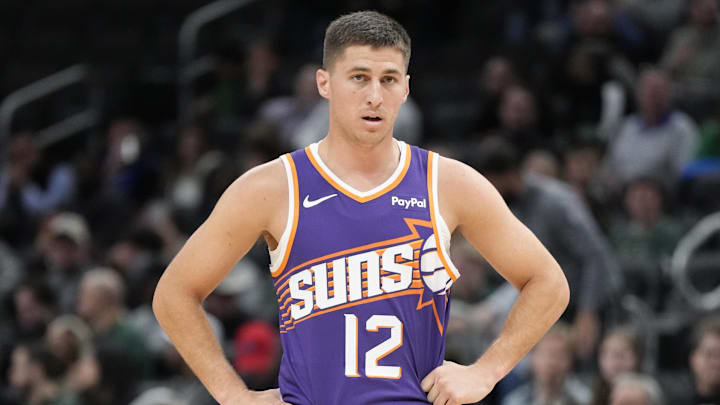 Mar 10, 2026; Milwaukee, Wisconsin, USA;  Phoenix Suns guard Collin Gillespie (12) during the game against the Milwaukee Bucks at Fiserv Forum. Mandatory Credit: Jeff Hanisch-Imagn Images