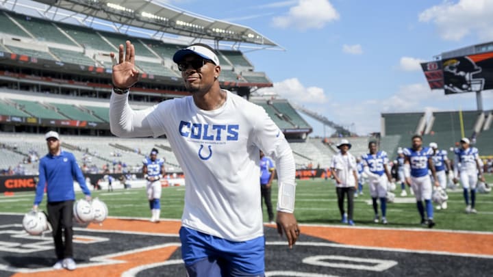 Aug 23, 2025; Cincinnati, Ohio, USA; Indianapolis Colts quarterback Anthony Richardson Sr. (5) leaves the field after defeating the Cincinnati Bengals at Paycor Stadium. Mandatory Credit: Christine Tannous-USAToday Network via Imagn Images