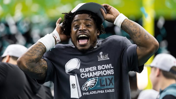 Feb 9, 2025; New Orleans, LA, USA; Philadelphia Eagles   safety C.J. Gardner-Johnson celebrates after defeating the Kansas City Chiefs in Super Bowl LIX at Ceasars Superdome. Mandatory Credit: Mark J. Rebilas-Imagn Images