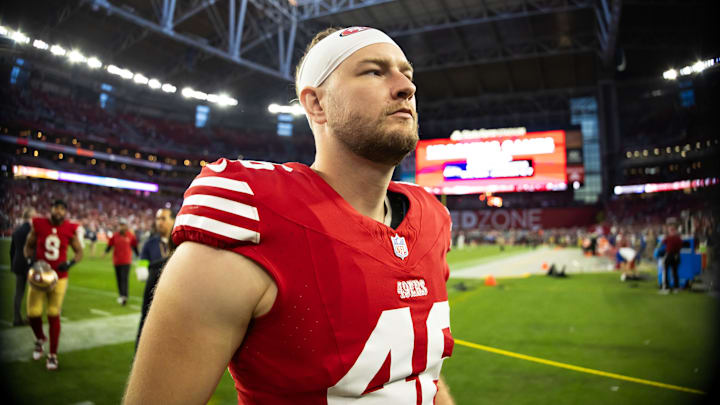 Dec 17, 2023; Glendale, Arizona, USA; San Francisco 49ers long snapper Taybor Pepper (46) against the Arizona Cardinals at State Farm Stadium. Mandatory Credit: Mark J. Rebilas-Imagn Images
