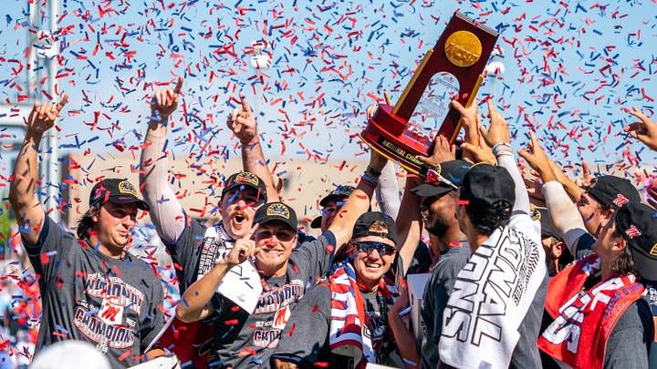 The Ole Miss Rebels hoist the 2022 NCAA Division 1 Baseball National Champion trophy after topping the Oklahoma Sooners at Charles Schwab Field. The Ole Miss Rebels hoist the 2022 NCAA Division 1 Baseball National Champion trophy after topping the Oklahoma Sooners at Charles Schwab Field.