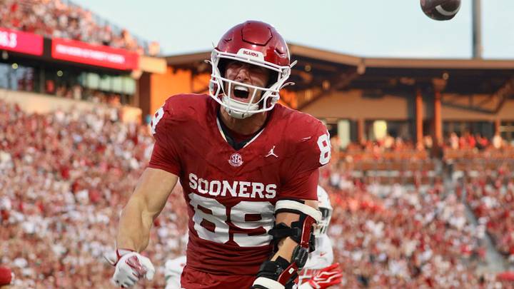 Oklahoma tight end Hayden Hansen celebrates after catching a touchdown against New Mexico earlier this season. Oklahoma tight end Hayden Hansen celebrates after catching a touchdown against New Mexico earlier this season.