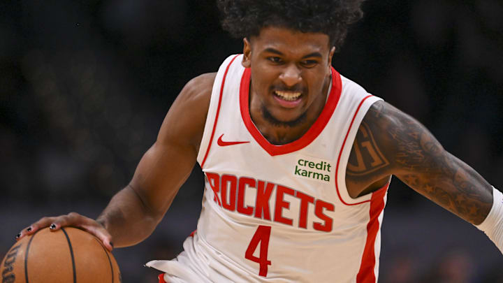 Mar 19, 2024; Washington, District of Columbia, USA; Houston Rockets guard Jalen Green (4) makes a drive to the rim against Washington. 