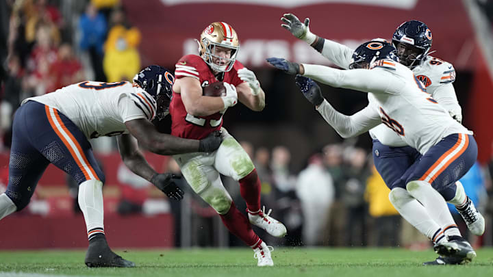 Dec 28, 2025; Santa Clara, California, USA; Chicago Bears defensive tackle Gervon Dexter Sr. (99) tackles San Francisco 49ers running back Christian McCaffrey (23) in the second half at Levi's Stadium. Mandatory Credit: Kyle Terada-Imagn Images Dec 28, 2025; Santa Clara, California, USA; Chicago Bears defensive tackle Gervon Dexter Sr. (99) tackles San Francisco 49ers running back Christian McCaffrey (23) in the second half at Levi's Stadium. Mandatory Credit: Kyle Terada-Imagn Images