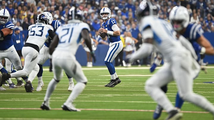 Oct 26, 2025; Indianapolis, Indiana, USA; Indianapolis Colts quarterback Daniel Jones (17) looks to pass during the first quarter against the Tennessee Titans at Lucas Oil Stadium. Mandatory Credit: Robert Goddin-Imagn Images
