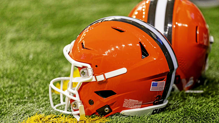 Sep 28, 2025; Detroit, Michigan, USA; A general view of the Cleveland Browns helmets on the field before the game against the Detroit Lions at Ford Field. Mandatory Credit: David Reginek-Imagn Images