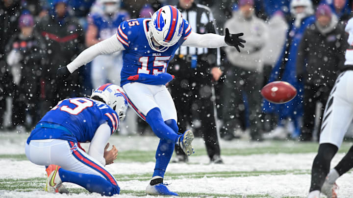 Dec 7, 2025; Orchard Park, New York, USA; Buffalo Bills place kicker Matt Prater (15) kicks an extra point in the fourth quarter against the Cincinnati Bengals at Highmark Stadium. Dec 7, 2025; Orchard Park, New York, USA; Buffalo Bills place kicker Matt Prater (15) kicks an extra point in the fourth quarter against the Cincinnati Bengals at Highmark Stadium.