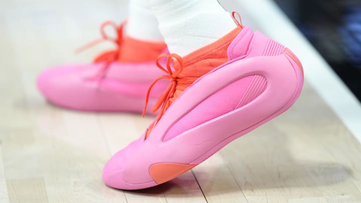 The adidas Harden Vol. 8 'Flamingo Pink' colorway. The adidas Harden Vol. 8 'Flamingo Pink' colorway.