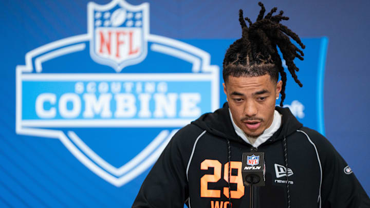 Feb 27, 2026; Indianapolis, IN, USA; Southern California wideout Makai Lemon (WO29) speaks to members of the media during the NFL Combine at the Indiana Convention Center. Mandatory Credit: Jacob Musselman-Imagn Images