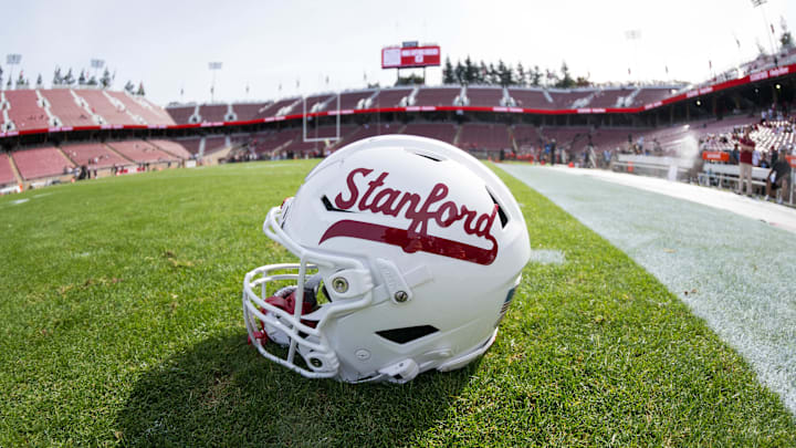 White Stanford helmet with red lettering White Stanford helmet with red lettering
