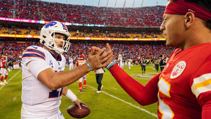 Buffalo Bills quarterback Josh Allen shakes hands with Kansas City Chiefs quarterback Patrick Mahomes after a game at GEHA Field at Arrowhead Stadium. Buffalo Bills quarterback Josh Allen shakes hands with Kansas City Chiefs quarterback Patrick Mahomes after a game at GEHA Field at Arrowhead Stadium.