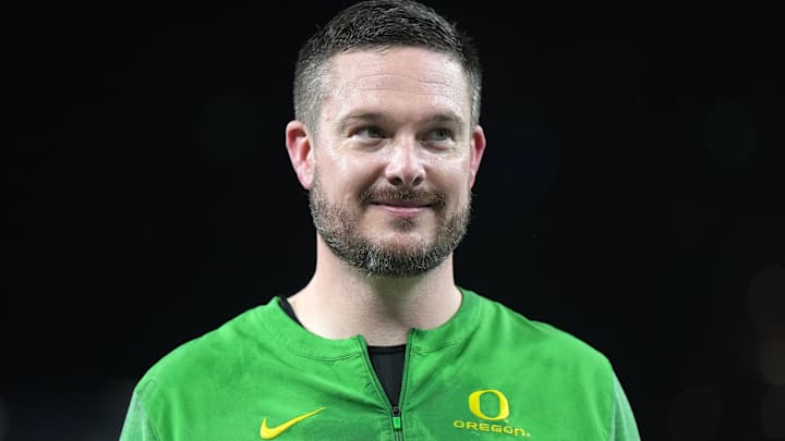 Dec 28, 2022; San Diego, CA, USA; Oregon Ducks head coach Dan Lanning reacts after the 2022 Holiday Bowl against the North Carolina Tar Heels at Petco Park. Mandatory Credit: Kirby Lee-Imagn Images