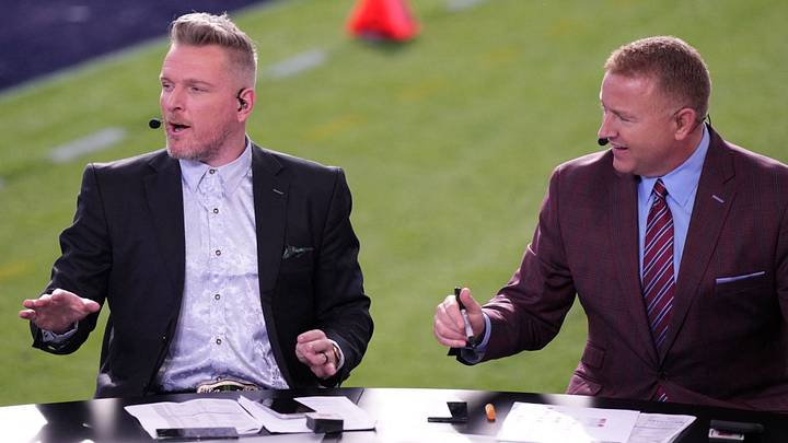 ESPN broadcasters Pat McAfee (left) and Kirk Herbstreit before the game. ESPN broadcasters Pat McAfee (left) and Kirk Herbstreit before the game.