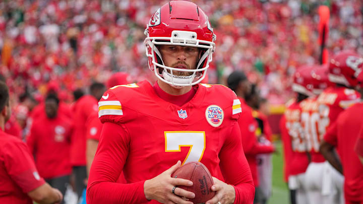 Kansas City Chiefs place kicker Harrison Butker (7) on the sidelines against the Philadelphia Eagles during the game at GEHA Field at Arrowhead Stadium.