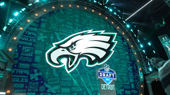 Apr 25, 2024; Detroit, MI, USA; A Philadelphia Eagles logo during the 2024 NFL Draft at Campus Martius Park and Hart Plaza. Mandatory Credit: Kirby Lee-Imagn Images