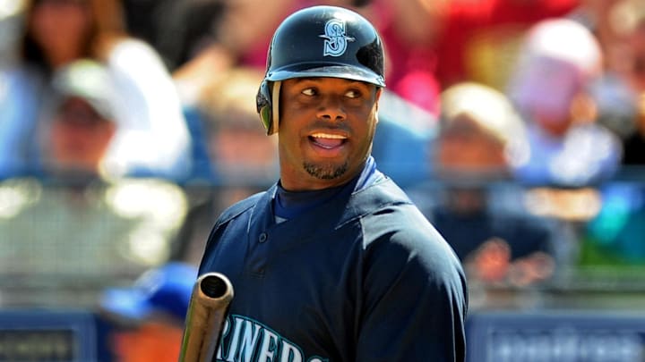 Seattle Mariners designated hitter Ken Griffey Jr. steps to the plate during a spring training game against the Kansas City Royals on March 12, 2010, at Peoria Sports Complex.