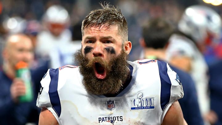 Feb 3, 2019; Atlanta, GA, USA; New England Patriots wide receiver Julian Edelman (11) reacts against the Los Angeles Rams in Super Bowl LIII at Mercedes-Benz Stadium. Mandatory Credit: Mark J. Rebilas-Imagn Images