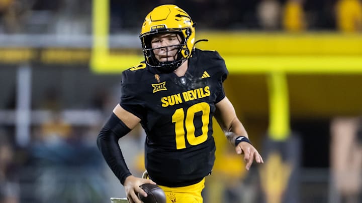 Oct 25, 2025; Tempe, Arizona, USA; Arizona State Sun Devils quarterback Sam Leavitt (10) against the Houston Cougars at Mountain America Stadium. Mandatory Credit: Mark J. Rebilas-Imagn Images Oct 25, 2025; Tempe, Arizona, USA; Arizona State Sun Devils quarterback Sam Leavitt (10) against the Houston Cougars at Mountain America Stadium. Mandatory Credit: Mark J. Rebilas-Imagn Images