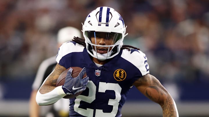 Nov 23, 2023; Arlington, Texas, USA; Dallas Cowboys running back Rico Dowdle (23) runs the ball in