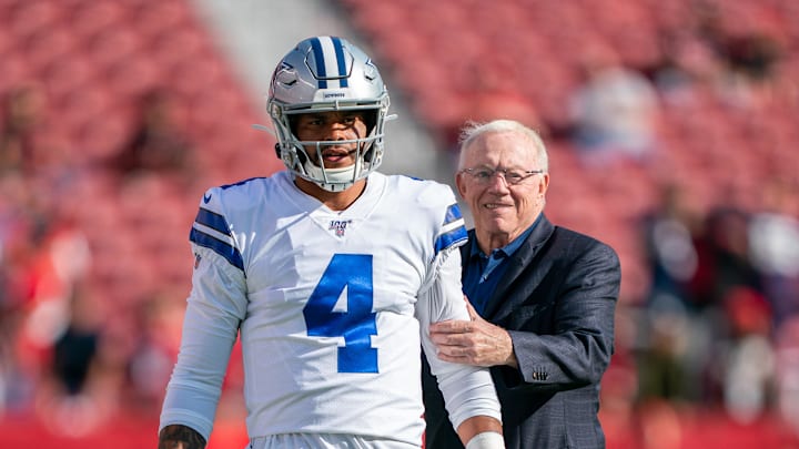Dallas Cowboys quarterback Dak Prescott and owner Jerry Jones before the game against the San Francisco 49ers 