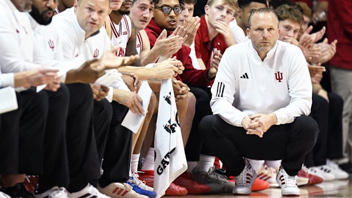 Nov 20, 2025; Bloomington, Indiana, USA; Indiana Hoosiers head coach Darian Devries is seen during the first half against the Lindenwood Lions at Simon Skjodt Assembly Hall. Mandatory Credit: Robert Goddin-Imagn Images