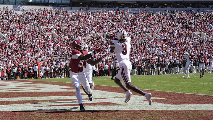 Oct 12, 2024; Tuscaloosa, Alabama, USA; South Carolina Gamecocks defensive back O'Donnell Fortune (3) intercepts a pass in the end zone intended for Alabama Crimson Tide wide receiver Germie Bernard (5) at Bryant-Denny Stadium. Alabama defeated South Carolina 27-25. Mandatory Credit: Gary Cosby Jr.-Imagn Images Oct 12, 2024; Tuscaloosa, Alabama, USA; South Carolina Gamecocks defensive back O'Donnell Fortune (3) intercepts a pass in the end zone intended for Alabama Crimson Tide wide receiver Germie Bernard (5) at Bryant-Denny Stadium. Alabama defeated South Carolina 27-25. Mandatory Credit: Gary Cosby Jr.-Imagn Images