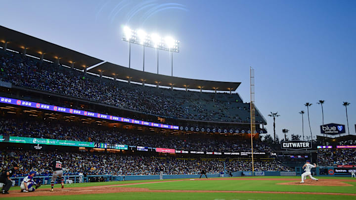 Dodgers pitcher Ben Casparius (78) throws against Atlanta Braves outfielder Michael Harris II (23) during the sixth inning at Dodger Stadium on April 2.