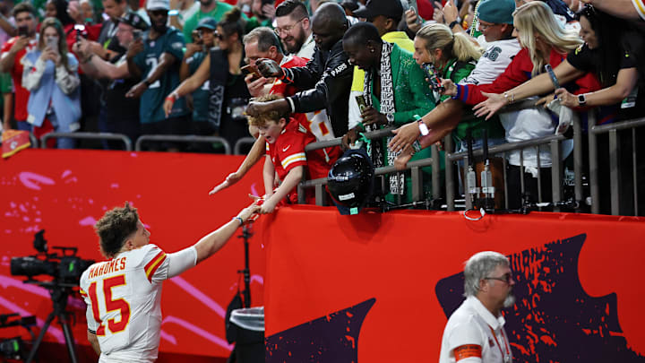 Feb 9, 2025; New Orleans, LA, USA; Kansas City Chiefs quarterback Patrick Mahomes (15) greets fans as he walks off the field after losing against the Philadelphia Eagles in Super Bowl LIX at Caesars Superdome. Mandatory Credit: Bill Streicher-Imagn Images