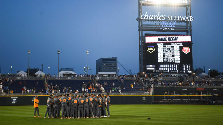 Tennessee huddles in the outfield after the NCAA College World Series game between Tennessee and LSU held at Charles Schwab Field in Omaha, Nebraska, Tuesday, June 20, 2023. LSU defeated Tennessee. Tennessee huddles in the outfield after the NCAA College World Series game between Tennessee and LSU held at Charles Schwab Field in Omaha, Nebraska, Tuesday, June 20, 2023. LSU defeated Tennessee.