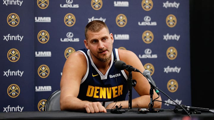 Sep 29, 2025; Denver, CO, USA; Denver Nuggets player Nikola Jokic (15) takes questions during media day at Ball Arena. Mandatory Credit: Isaiah J. Downing-Imagn Images