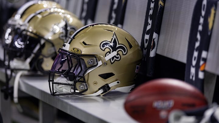 Nov 5, 2023; New Orleans, Louisiana, USA; Detailed view of the New Orleans Saints helmets on the team bench against the Chicago Bears during the first half at the Caesars Superdome. Mandatory Credit: Stephen Lew-Imagn Images Nov 5, 2023; New Orleans, Louisiana, USA; Detailed view of the New Orleans Saints helmets on the team bench against the Chicago Bears during the first half at the Caesars Superdome. Mandatory Credit: Stephen Lew-Imagn Images