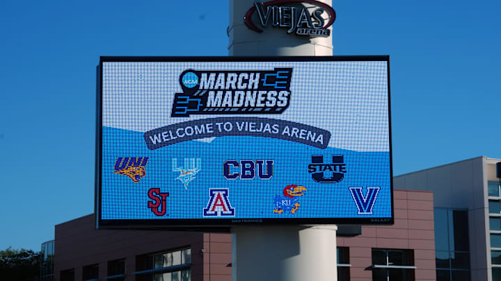 Mar 19, 2026; San Diego, CA, USA; The March Madness logo and logos of UNI, LIU, Cal Baptist, St. John's, Utah State, Arizona, Kansas and Villanova on the Viejas Arena marquee sign ahead of the first round of the men's 2026 NCAA Tournament 