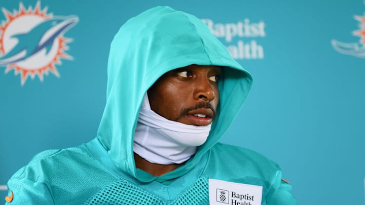 Jul 24, 2024; Miami Gardens, FL, USA; Miami Dolphins cornerback Jalen Ramsey (5) talks to reporters during training camp at Baptist Health Training Complex. Mandatory Credit: Sam Navarro-Imagn Images