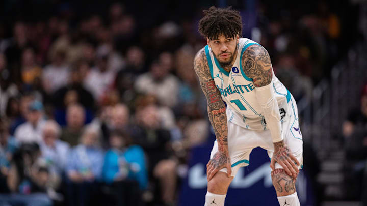 Feb 28, 2026; Charlotte, North Carolina, USA; Charlotte Hornets guard LaMelo Ball (1) rests during the first quarter against the Portland Trail Blazers at Spectrum Center. Mandatory Credit: Scott Kinser-Imagn Images