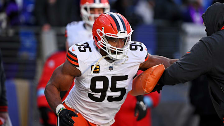 Jan 4, 2025; Baltimore, Maryland, USA; Cleveland Browns defensive end Myles Garrett (95) warms up before the game against Baltimore Ravens at M&T Bank Stadium. Mandatory Credit: Tommy Gilligan-Imagn Images