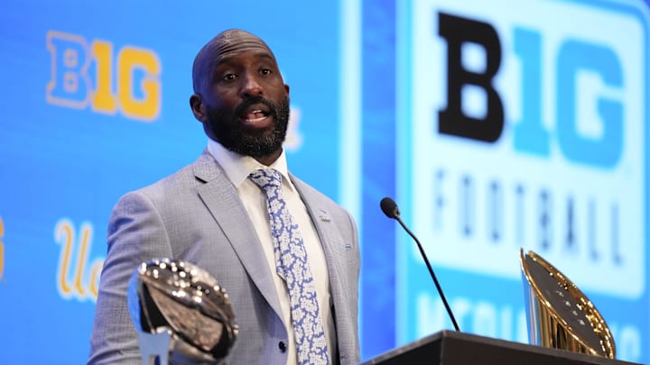 Jul 24, 2025; Las Vegas, NV, USA; UCLA head coach DeShaun Foster speaks to the media during the Big Ten NCAA college football media days at Mandalay Bay Resort. Mandatory Credit: Lucas Peltier-Imagn Images