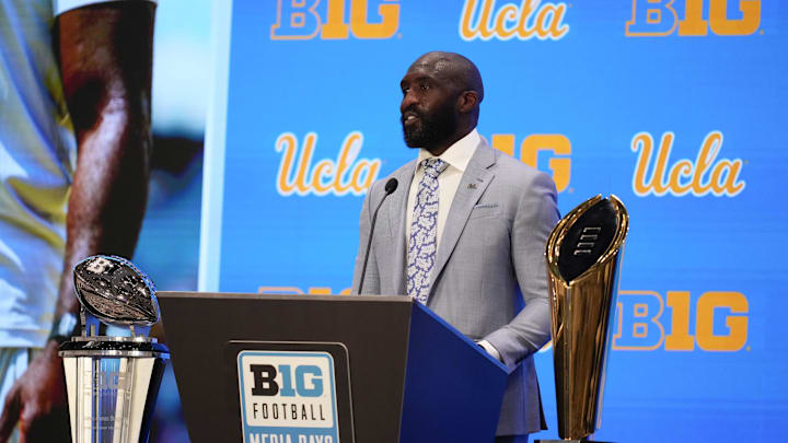Jul 24, 2025; Las Vegas, NV, USA; UCLA head coach DeShaun Foster speaks to the media during the Big Ten NCAA college football media days at Mandalay Bay Resort. Mandatory Credit: Lucas Peltier-Imagn Images
